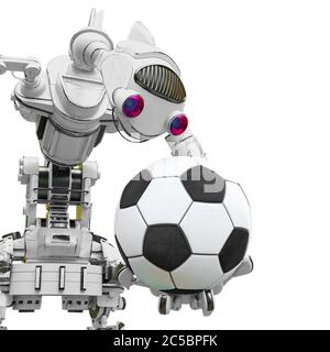 un robot sympathique tient une balle de football sur fond blanc, gros plan, illustration 3d Banque D'Images