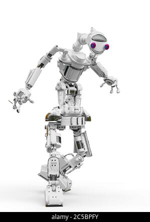 un robot convivial marche sur fond blanc, illustration 3d Banque D'Images