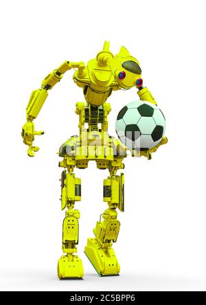 un robot sympathique tient une balle de football sur fond blanc, illustration 3d Banque D'Images