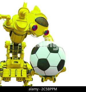 un robot sympathique tient une balle de football sur fond blanc, gros plan, illustration 3d Banque D'Images