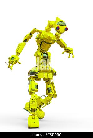un robot convivial marche sur fond blanc, illustration 3d Banque D'Images