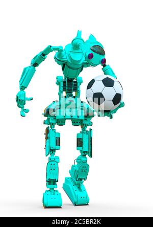 un robot sympathique tient une balle de football sur fond blanc, illustration 3d Banque D'Images