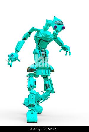 un robot convivial marche sur fond blanc, illustration 3d Banque D'Images