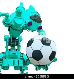 un robot sympathique tient une balle de football sur fond blanc, gros plan, illustration 3d Banque D'Images