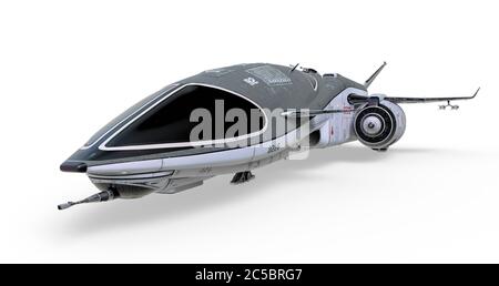 vaisseau spatial froid stationné sur fond blanc, illustration 3d Banque D'Images