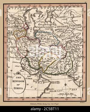 La carte du Royaume de Perse montre les frontières politiques et les points de repère importants. Il s'agit d'une reproduction de carte historique très détaillée. Original d'un Atlas britannique publié par le célèbre cartographe William Faden a été créé vers 1798. Banque D'Images