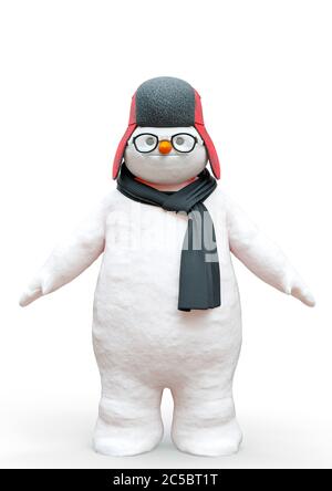 bonhomme de neige debout sur fond blanc, illustration 3d Banque D'Images