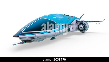 vaisseau spatial froid stationné sur fond blanc, illustration 3d Banque D'Images