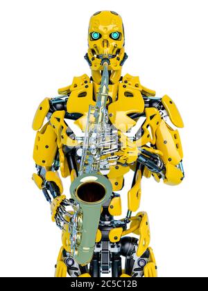 android jouant saxphone, illustration 3d Banque D'Images