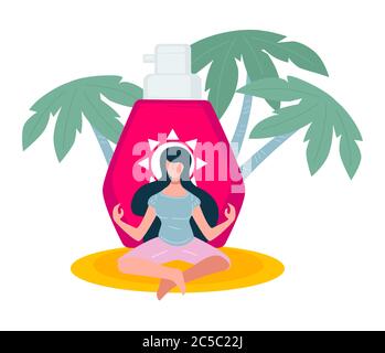 Lotion solaire et personnage féminin méditant pendant les vacances d'été Illustration de Vecteur