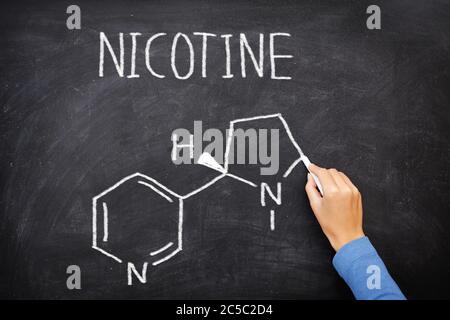 Structure chimique de la molécule de nicotine sur le tableau noir. Structure chimique de la nicotine des cigarettes écrite sur le tableau noir par l'enseignant dans l'éducation à la santé. Molécule de nicotine sur tableau noir vert. Banque D'Images