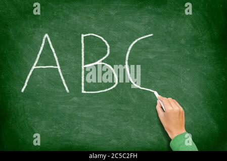 ABC, éducation et le concept de tableau noir de l'école primaire. L'enseignant de l'école écrit l'alphabet ABC en classe anglaise ou préscolaire.on tableau noir. Banque D'Images