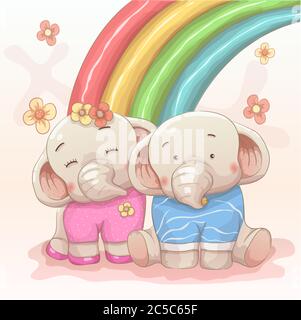 le couple d'éléphants adorables s'aiment. dessin animé vectoriel à la main style art. arrière-plan arc-en-ciel Illustration de Vecteur