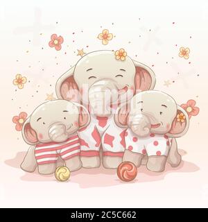jolie famille d'éléphants heureux fêtez noël et le nouvel an ensemble. dessin animé vectoriel à la main Illustration de Vecteur