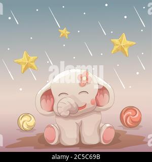 Bébé éléphant heureux de regarder les étoiles tombant. Vecteur main dessin animé Illustration de Vecteur
