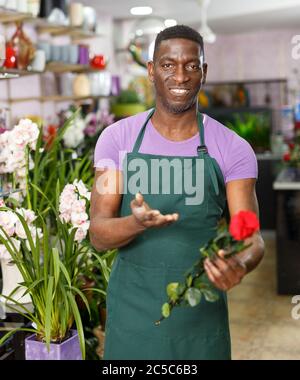 Fleuriste américain positif offrant des roses fraîches à son fleuriste Banque D'Images