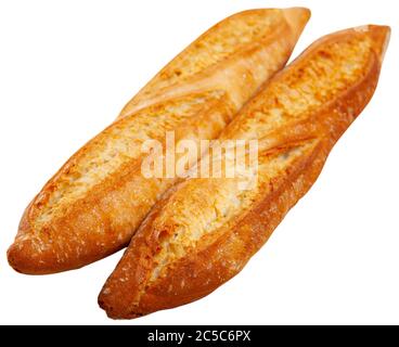 Deux baguettes françaises fraîchement cuites à la croûte croustillante. Isolé sur fond blanc Banque D'Images