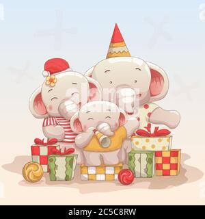 joyeux éléphant en famille fêtez noël et le nouvel an. style d'art dessin animé vectoriel à la main Illustration de Vecteur