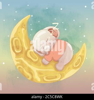 joli petit éléphant dormant sur la lune Illustration de Vecteur