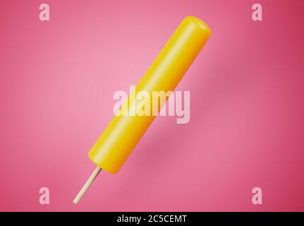 Glace à la popsicle au jus jaune sur fond rose coloré. Doux pour l'été. Illustration 3D réaliste Banque D'Images