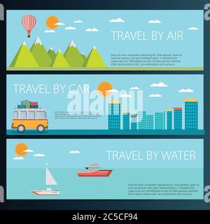 Jeu de bannières horizontales de voyage de style plat Illustration de Vecteur