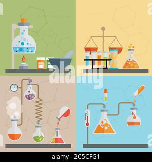 Jeu d'icônes plates décoratives de chimie avec illustration vectorielle isolée d'équipement de test et de recherche en laboratoire Illustration de Vecteur