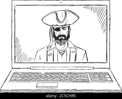 Un PC portable de piratage pirate de style croquis. Illustration vectorielle dessinée à la main. Illustration de Vecteur