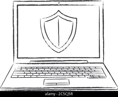 un ordinateur portable de style esquisse avec protection de sécurité à l'écran. Illustration du vecteur de caniche dessiné à la main. Illustration de Vecteur