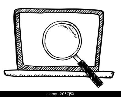 Un carnet de notes de style dessin animé avec une loupe à l'écran. Illustration du vecteur de caniche dessiné à la main. Illustration de Vecteur