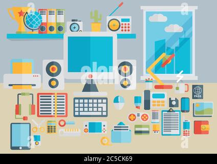 Design moderne plat illustration vectorielle concept de bureau scolaire créatif, espace de travail, lieu de travail. Collection ICON aux couleurs élégantes des proces éducatifs Illustration de Vecteur