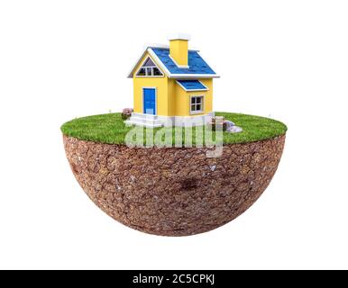 Terrain flottant avec petite maison et pelouse isolée sur fond blanc, rendu 3d Banque D'Images