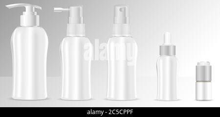 Maquette 3d réaliste d'un package cosmétique. Modèles de flacons vierges Vector jeu de récipients en plastique blanc vides et propres : flacons avec spray, distributeur et dr Illustration de Vecteur