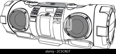 Croquis de boombox stéréo hi-Fi. Brouillon d'illustration vectorielle de haute qualité. Contour en noir et blanc. Illustration de Vecteur