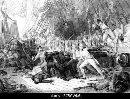 Une illustration gravée de Nelson à bord du San Josef à la bataille de Saint Vincent d'un livre victorien vintage daté de 1886 qui n'est pas solitaire Banque D'Images