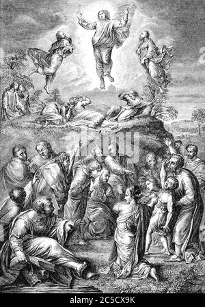 Une image gravée de la résurrection de Jésus-Christ Ascension dans le ciel, d'un livre victorien vintage daté de 1883 qui n'est plus dans le cop Banque D'Images