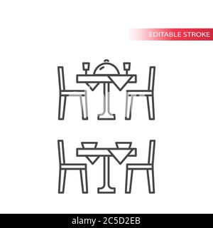 Table pour deux avec nappe, verres à vin, chapeau de repas et chaises. Jeu d'icônes de vecteur de ligne mince, contour modifiable. Illustration de Vecteur