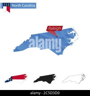 Carte bleu de l'État de Caroline du Nord Low Poly avec la capitale Raleigh, versions avec drapeau, noir et contour. Illustration vectorielle. Illustration de Vecteur