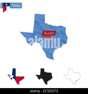 Carte de l'État du Texas bleu Low Poly avec la capitale Austin, versions avec drapeau, noir et contour. Illustration vectorielle. Illustration de Vecteur