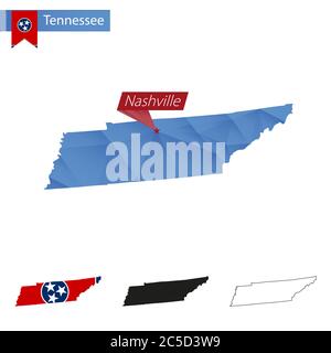 Carte de l'État du Tennessee bleu Low Poly avec la capitale Nashville, versions avec drapeau, noir et contour. Illustration vectorielle. Illustration de Vecteur