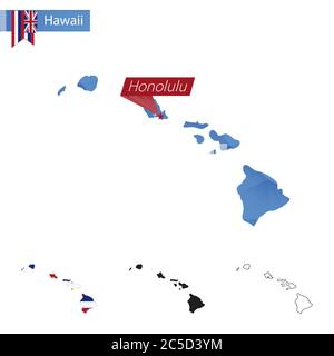Carte bleu de l'état d'Hawaï Low Poly avec la capitale Honolulu, versions avec drapeau, noir et contour. Illustration vectorielle. Illustration de Vecteur