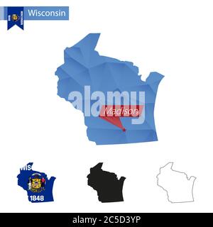 Carte bleu de l'état du Wisconsin avec Madison, capitale, versions avec drapeau, noir et contour. Illustration vectorielle. Illustration de Vecteur