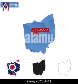 Carte de l'État de l'Ohio Blue Low Poly avec la capitale Columbus, versions avec drapeau, noir et contour. Illustration vectorielle. Illustration de Vecteur