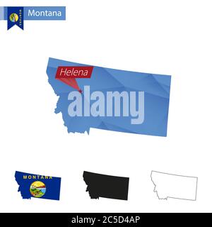 Carte bleu de l'état du Montana Low Poly avec la capitale Helena, versions avec drapeau, noir et contour. Illustration vectorielle. Illustration de Vecteur