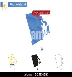 Carte bleu de l'État du Rhode Island Low Poly avec la capitale Providence, versions avec drapeau, noir et contour. Illustration vectorielle. Illustration de Vecteur