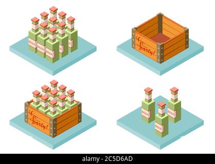 Ensemble de couleurs vectorielles icône isométrique avec caisse de bière avec bouteilles Illustration de Vecteur