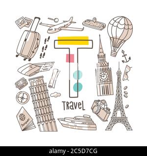 Lettre T - Voyage, mignon série d'alphabet dans le style de doodle, illustration vectorielle Illustration de Vecteur