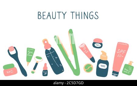 Beauté. Produits, cosmétiques, outils appareils pour la beauté. Soins de la peau, du corps et des cheveux. Illustration vectorielle plate Illustration de Vecteur