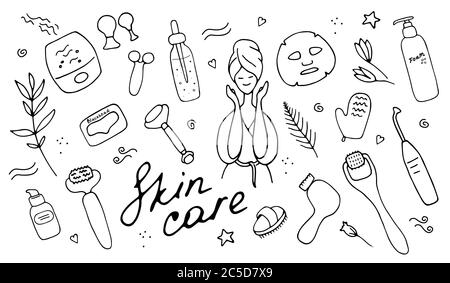 Ensemble beauté. Signes de soins de la peau et de beauté, salon de spa et icônes d'autosoins. Illustration vectorielle dessinée à la main Illustration de Vecteur