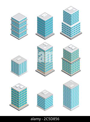 Illustration vectorielle de l'état moderne des bâtiments de bureaux d'art. Icônes de bâtiment de bureau isométrique. Ensemble urbain de construction de ville. Illustration de Vecteur