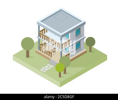 Petite maison isomatique isolée, ensemble de propriétés Vector Illustration de Vecteur